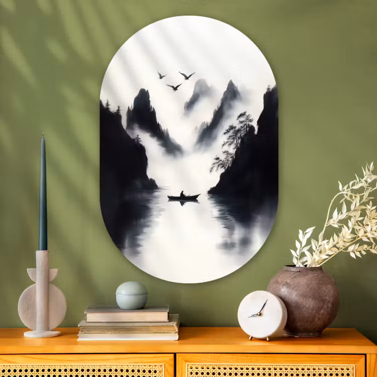 Roeiboot - Mistig - Bergen - Vogels Wandcirkel Ovaal Glas middel -sfeer2