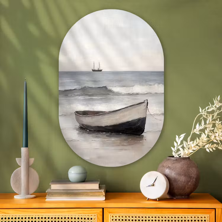 Roeiboot - Zee - Horizon Wandcirkel Ovaal Glas middel -sfeer2