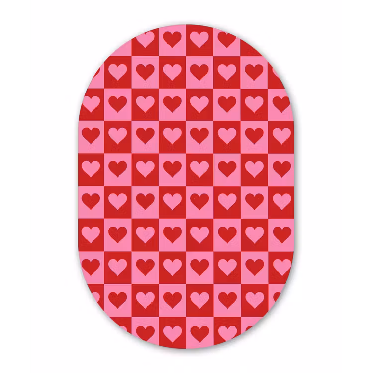 Rood - Roze - Schaakbord - Valentijn Wandcirkel Ovaal Glas middel -3d