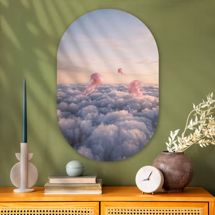 Muurovaal glas - Roze dier - Wolken - Roze dier - Wolken Wandcirkel Ovaal Glas middel