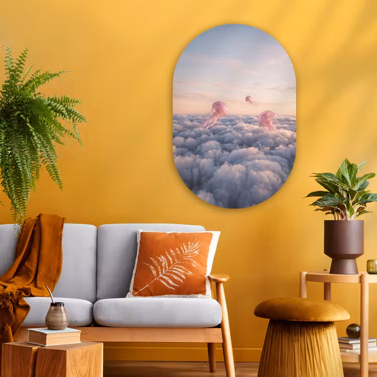 Muurovaal glas - Roze dier - Wolken - Roze dier - Wolken Wandcirkel Ovaal Glas middel