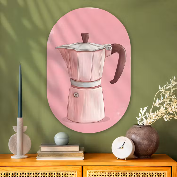 Roze - Mokkapot - Illustratie - Koffie Wandcirkel Ovaal Glas middel -sfeer2