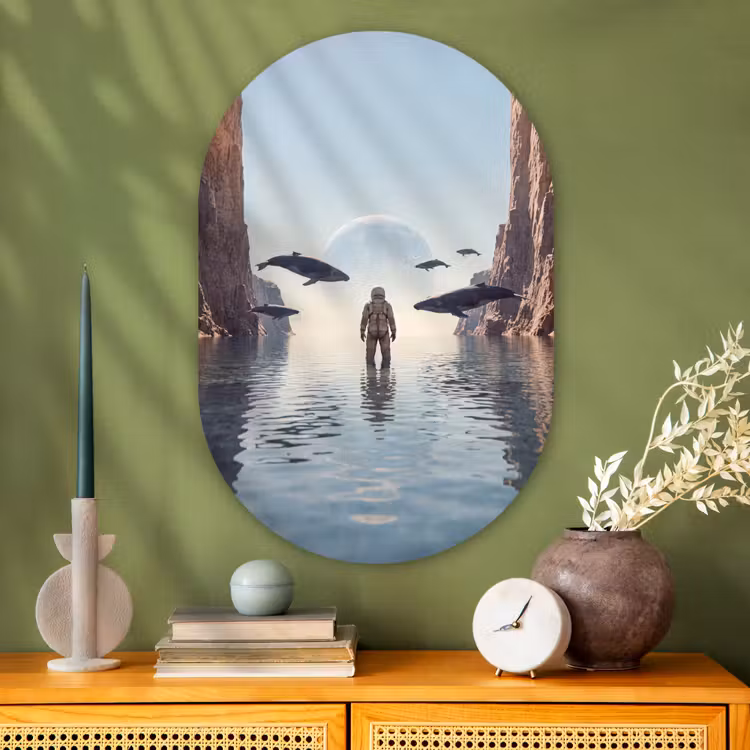 Muurovaal glas - Ruimtevaarder - Walvis - Fantasie - Ruimtevaarder - Walvis - Fantasie Wandcirkel Ovaal Glas middel