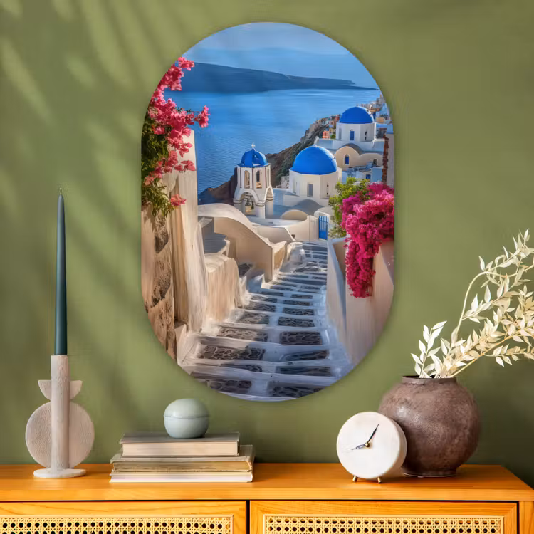 Santorini - Bloemen - Griekenland Wandcirkel Ovaal Glas middel -sfeer2