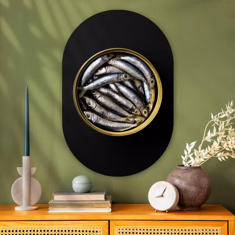 Sardines - Vissen - Rond - Zwart Wandcirkel Ovaal Glas middel -sfeer2