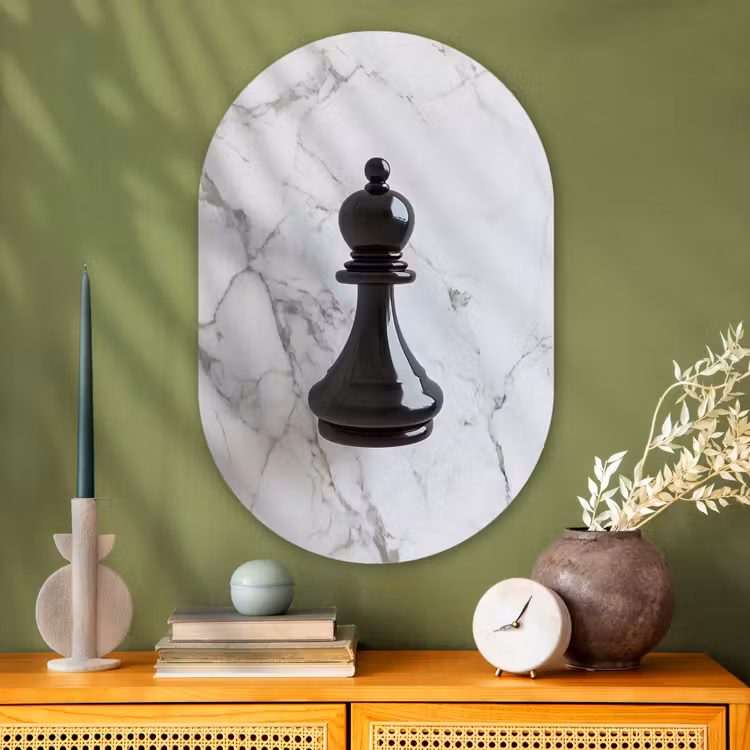 Schaakstuk - Loper - Zwart - Marmer Wandcirkel Ovaal Glas middel -sfeer2