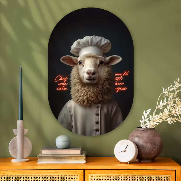 Schaap - Kokskleding - Neon - Quote Wandcirkel Ovaal Glas middel -sfeer2