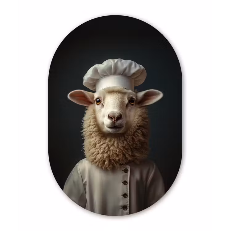 Schaap - Wol - Kok Wandcirkel Ovaal Glas middel -3d
