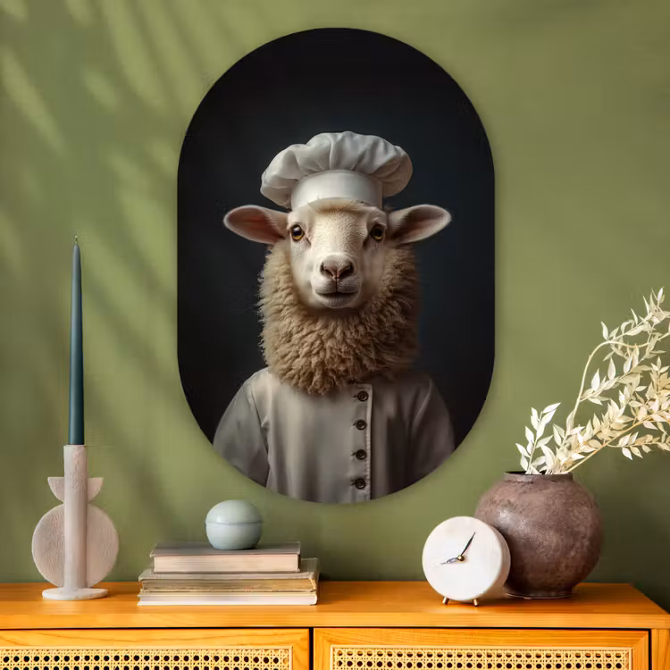 Schaap - Wol - Kok Wandcirkel Ovaal Glas middel -sfeer2