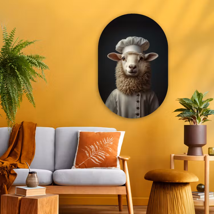 Schaap - Wol - Kok Wandcirkel Ovaal Glas middel -sfeer4