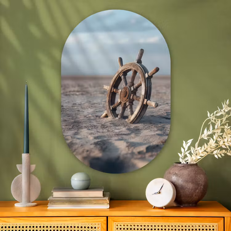 Scheepsstuur - Hout - Bruin - Zand Wandcirkel Ovaal Glas middel -sfeer2