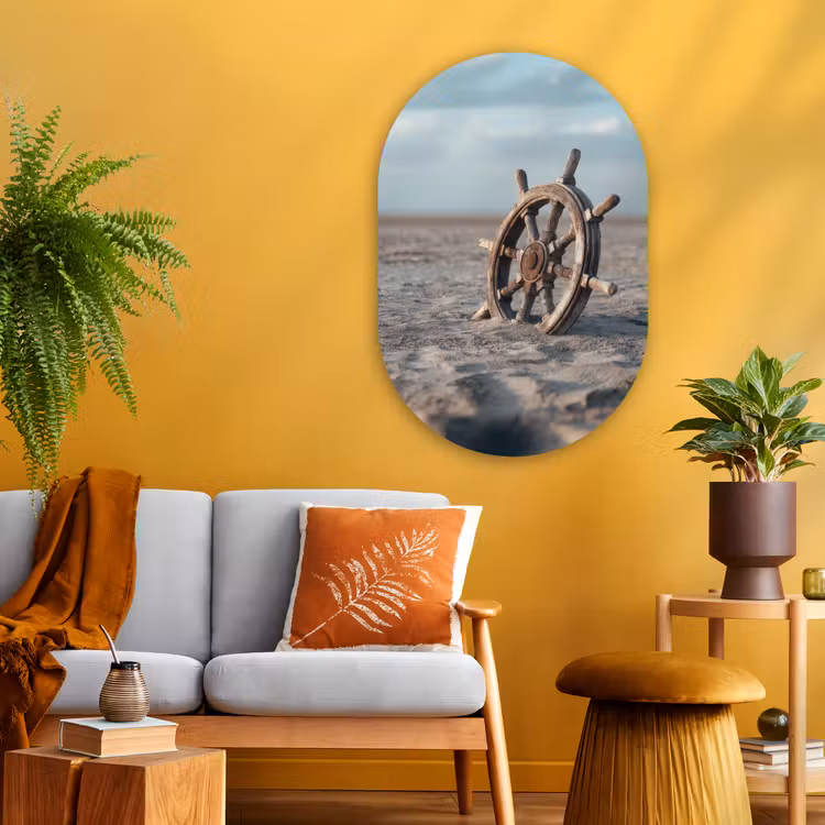 Scheepsstuur - Hout - Bruin - Zand Wandcirkel Ovaal Glas middel -sfeer4