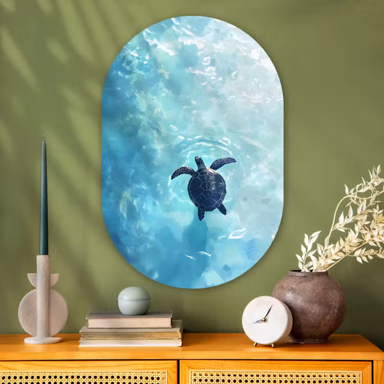 Schildpad - Zee - Blauw - Schittering Wandcirkel Ovaal Glas middel -sfeer2