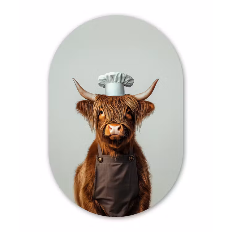 Schotse Hooglander - Bruin - Hoorns - Kokskleding Wandcirkel Ovaal Glas middel -3d