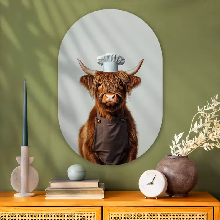 Schotse Hooglander - Bruin - Hoorns - Kokskleding Wandcirkel Ovaal Glas middel -sfeer2