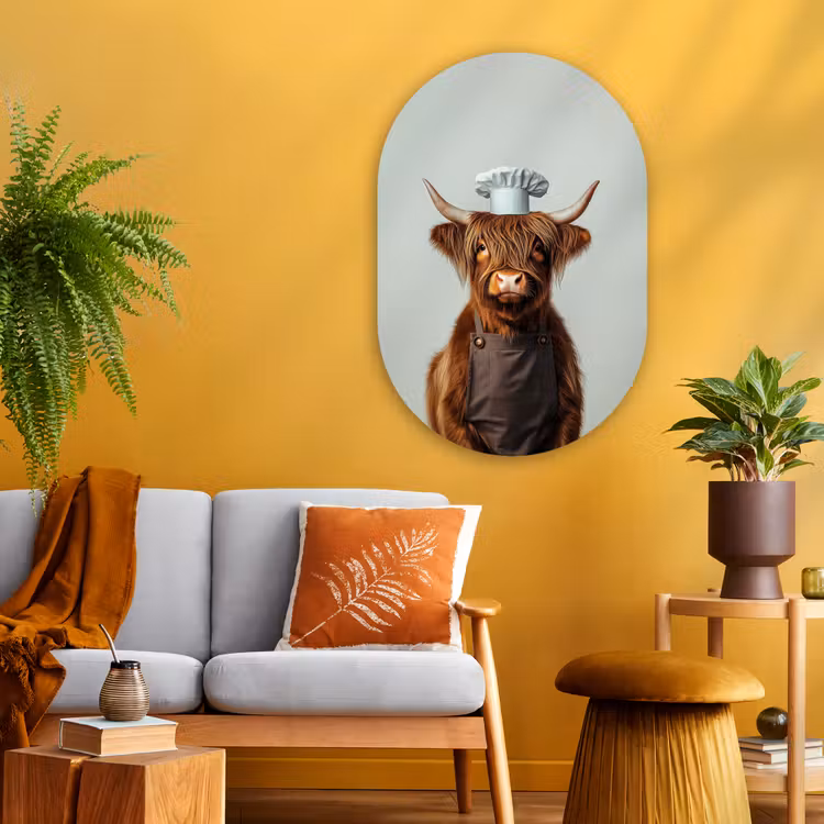 Schotse Hooglander - Bruin - Hoorns - Kokskleding Wandcirkel Ovaal Glas middel -sfeer4