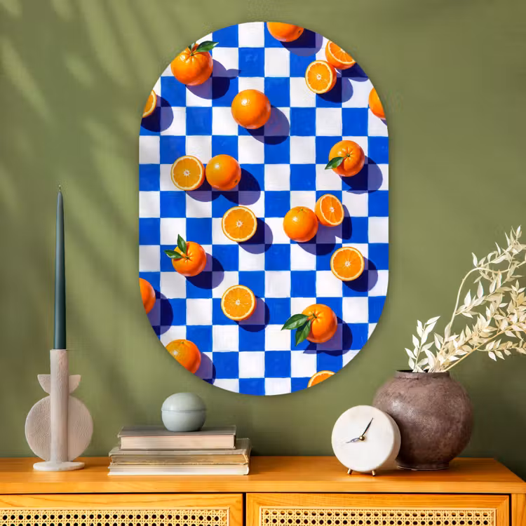 Muurovaal glas - Sinaasappel - Geruit - Eten - Sinaasappel - Geruit - Eten Wandcirkel Ovaal Glas middel