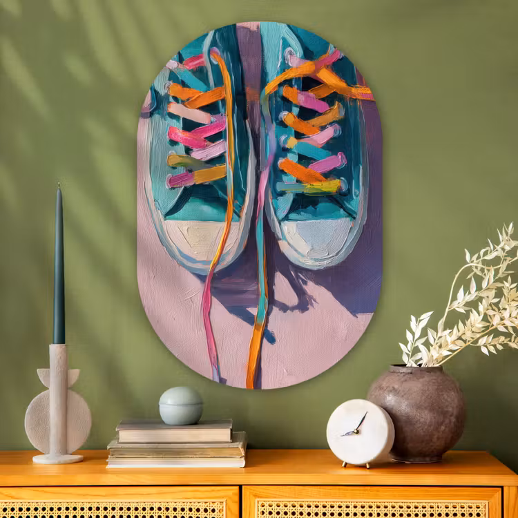 Sneakers - Veters - Kleurrijk - Schaduw Wandcirkel Ovaal Glas middel -sfeer2