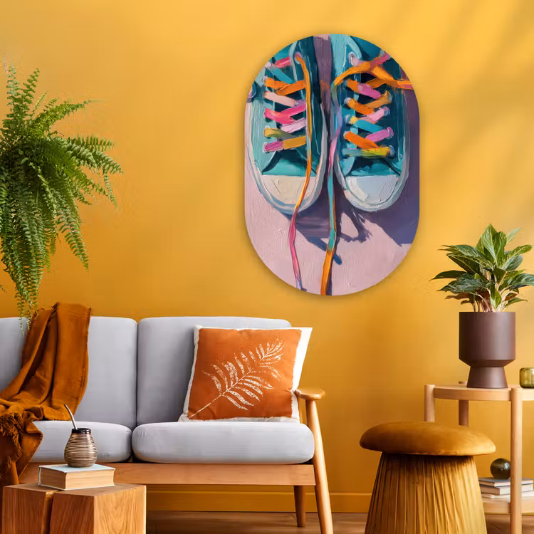 Sneakers - Veters - Kleurrijk - Schaduw Wandcirkel Ovaal Glas middel -sfeer4
