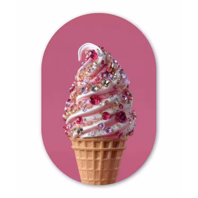 Softijs - Edelstenen - Roze - Hoorntje Wandcirkel Ovaal Glas middel -3d