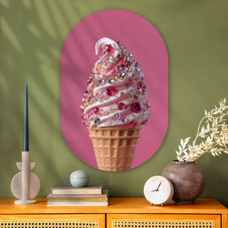 Softijs - Edelstenen - Roze - Hoorntje Wandcirkel Ovaal Glas middel -sfeer2