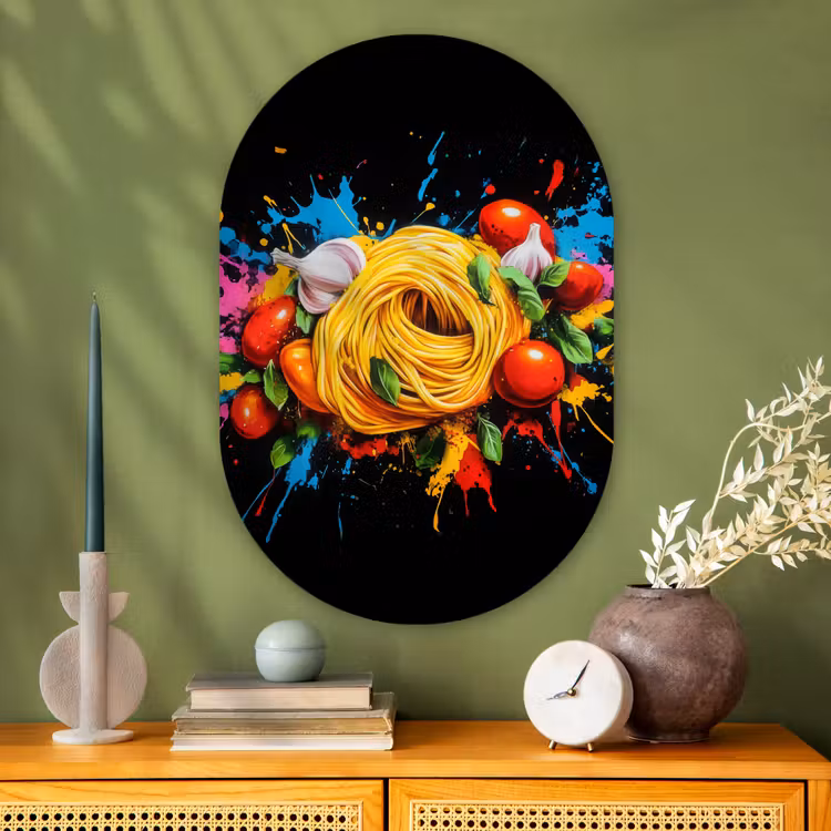 Spaghetti - Graffiti - Verf - Kleurrijk - Eten - Modern Wandcirkel Ovaal Glas middel -sfeer2