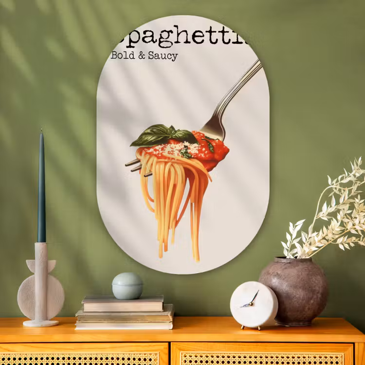 Spaghetti - tomatensaus - Parmezaanse kaas Wandcirkel Ovaal Glas middel -sfeer2