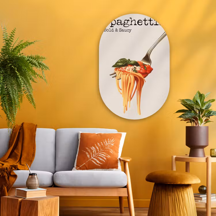 Spaghetti - tomatensaus - Parmezaanse kaas Wandcirkel Ovaal Glas middel -sfeer4