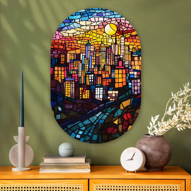 Stad - Maan - Mozaïek - Kleurrijk Wandcirkel Ovaal Glas middel -sfeer2
