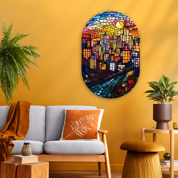 Stad - Maan - Mozaïek - Kleurrijk Wandcirkel Ovaal Glas middel -sfeer4