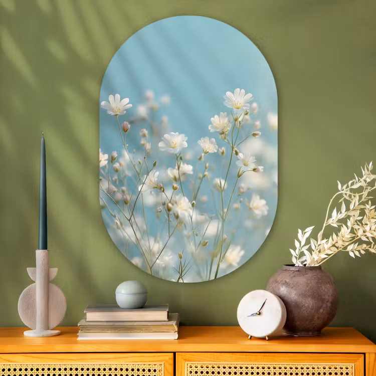 Stengels - Bloemen - Lucht - Wit Wandcirkel Ovaal Glas middel -sfeer2
