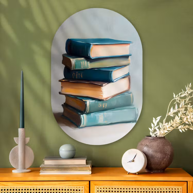 Stapel - Boeken - Groen - Daglicht Wandcirkel Ovaal Glas middel -sfeer2