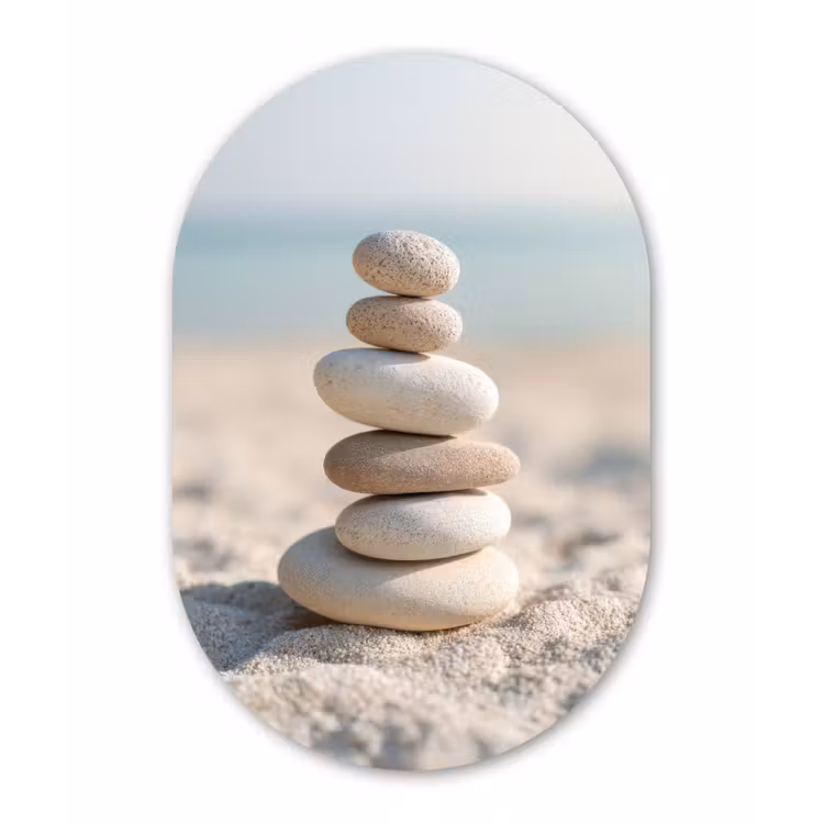 Stenen - Stapel - Zand - Zee Wandcirkel Ovaal Glas middel -3d