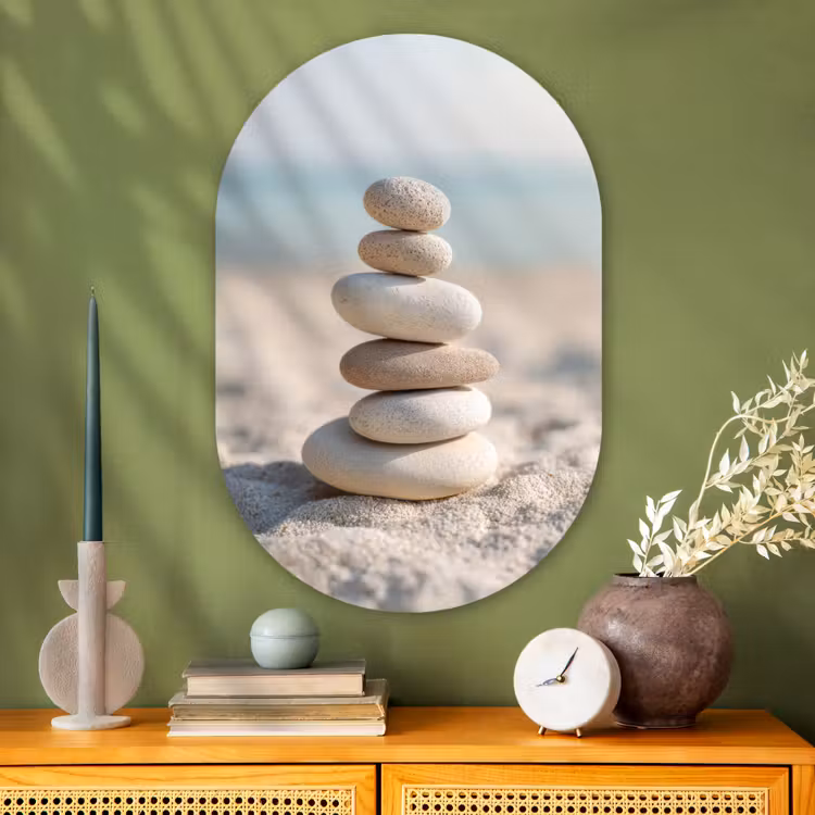 Stenen - Stapel - Zand - Zee Wandcirkel Ovaal Glas middel -sfeer2