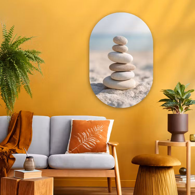 Stenen - Stapel - Zand - Zee Wandcirkel Ovaal Glas middel -sfeer4