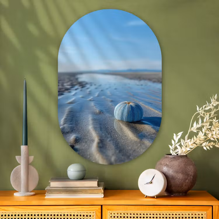 Strand - Schild - Water - Blauw Wandcirkel Ovaal Glas middel -sfeer2