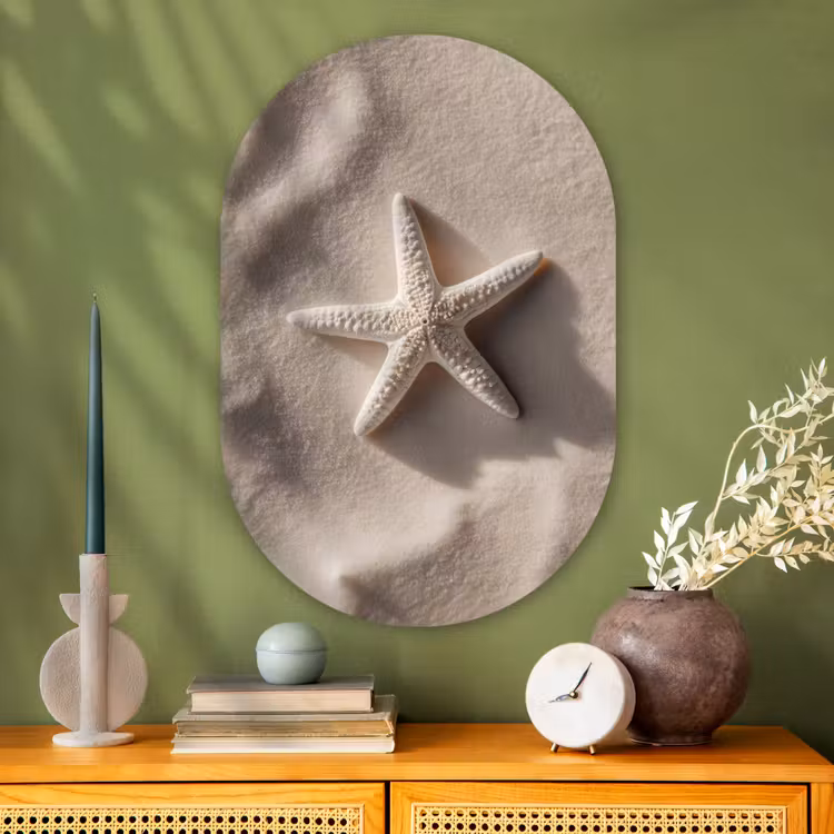Strand - Zeester - Zand - Beige Wandcirkel Ovaal Glas middel -sfeer2