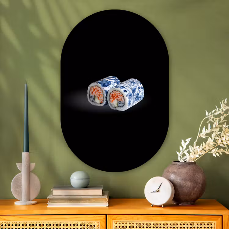 Sushi - Delfts blauw - Rijst - Vis - Elegant Wandcirkel Ovaal Glas middel -sfeer2