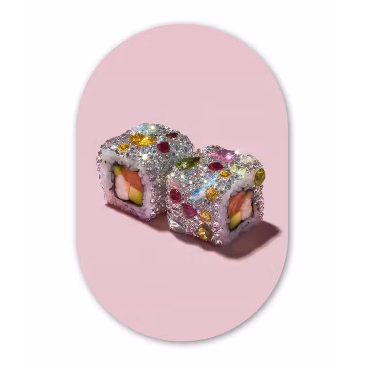 Sushi - Rolletjes - Steentjes - Kleurrijk Wandcirkel Ovaal Glas middel -3d