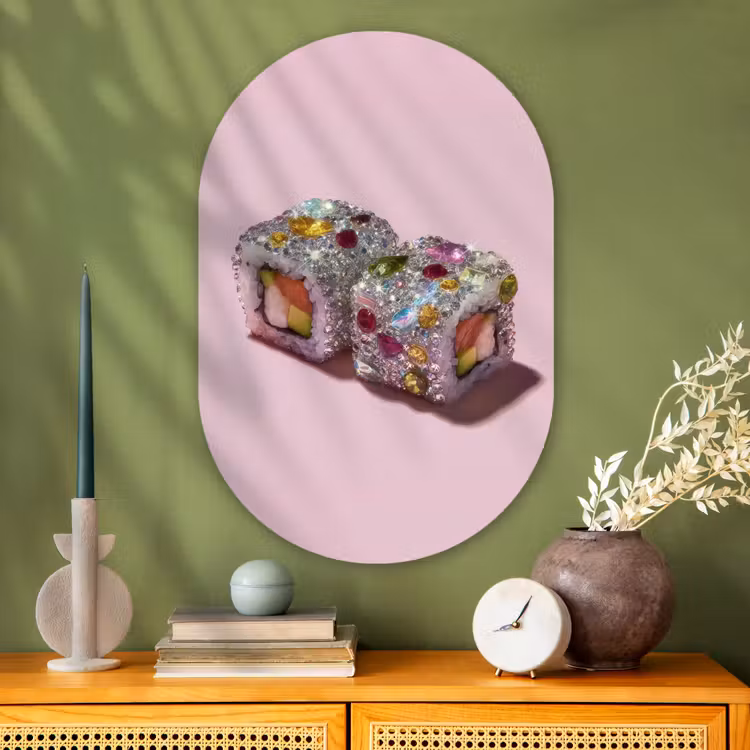Sushi - Rolletjes - Steentjes - Kleurrijk Wandcirkel Ovaal Glas middel -sfeer2