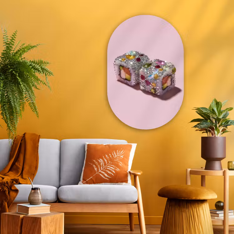 Sushi - Rolletjes - Steentjes - Kleurrijk Wandcirkel Ovaal Glas middel -sfeer4