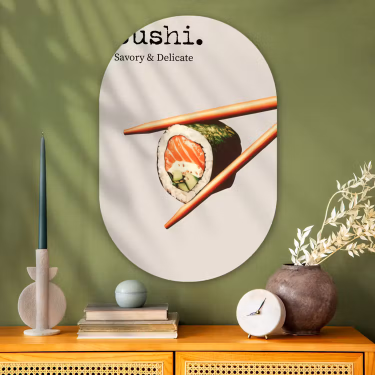 Sushi - Zalm - Rijst - Japans Wandcirkel Ovaal Glas middel -sfeer2