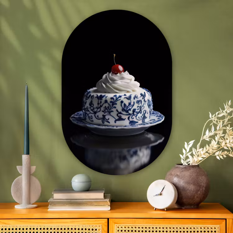 Taart - Slagroom - Kers - Bord - Delfts blauw Wandcirkel Ovaal Glas middel -sfeer2
