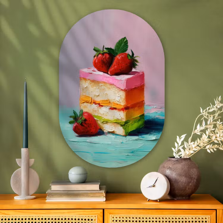 Taartje - Aardbeien - Glazuur - Kleurrijk Wandcirkel Ovaal Glas middel -sfeer2