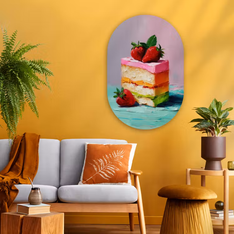 Taartje - Aardbeien - Glazuur - Kleurrijk Wandcirkel Ovaal Glas middel -sfeer4