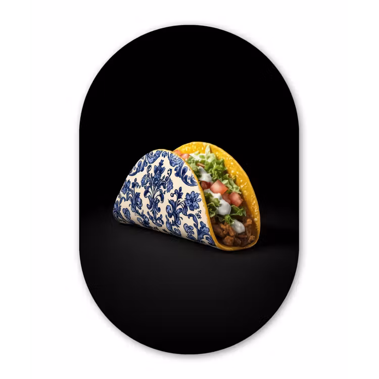 Taco - Vlees - Salade - Delftsblauw - Motief Wandcirkel Ovaal Glas middel -3d