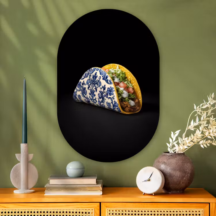 Taco - Vlees - Salade - Delftsblauw - Motief Wandcirkel Ovaal Glas middel -sfeer2