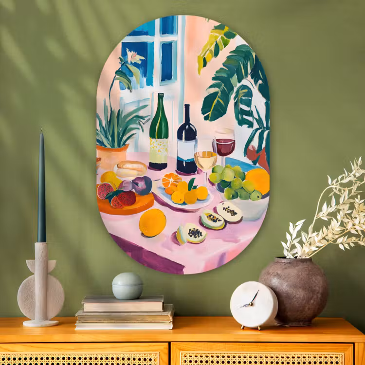 Tafel - Wijn - Fruit Wandcirkel Ovaal Glas middel -sfeer2