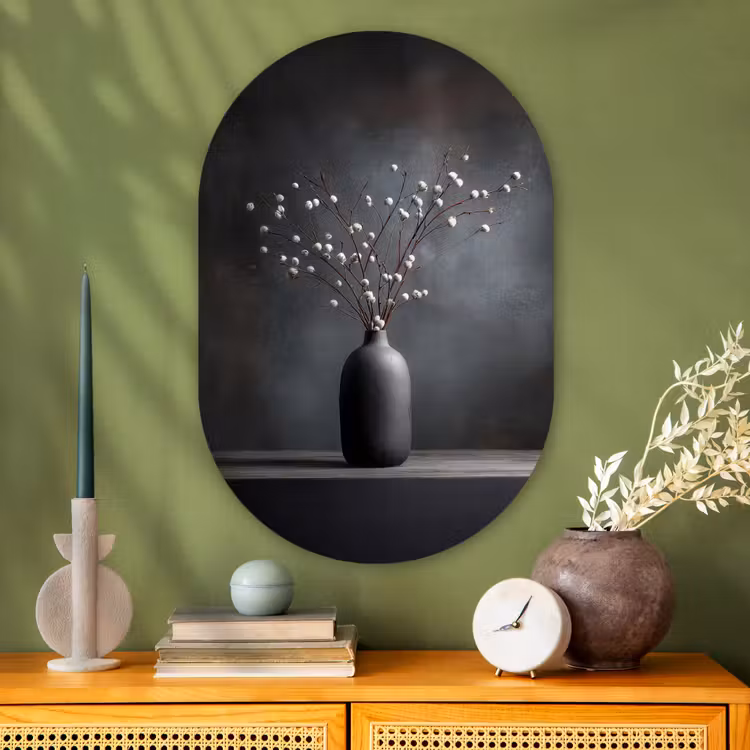 Takken - Vaas - Bolletjes - Wit Wandcirkel Ovaal Glas middel -sfeer2