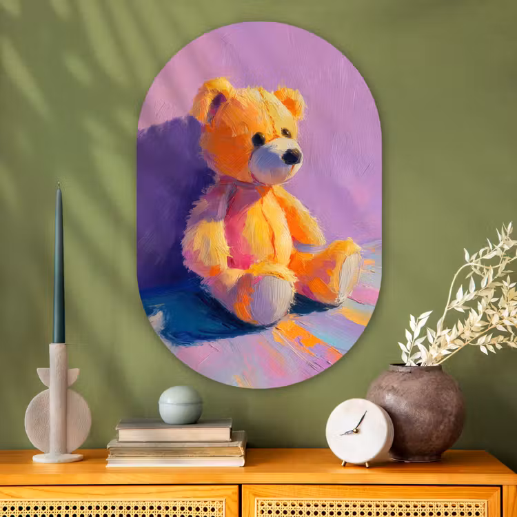 Teddybeer - Schaduw - Penseelstreken - Paars Wandcirkel Ovaal Glas middel -sfeer2